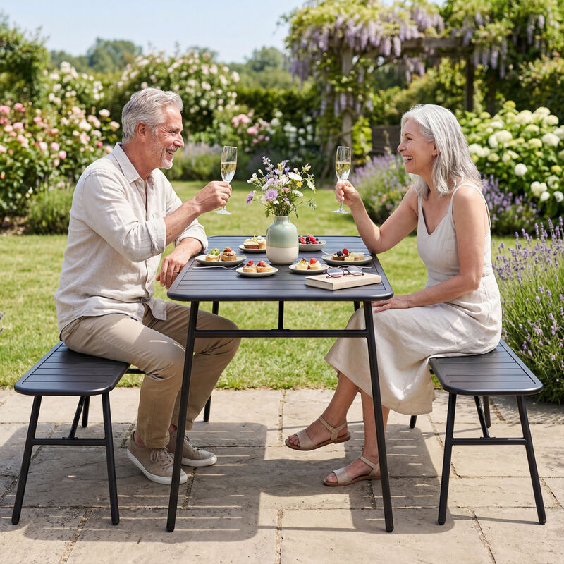 Outdoor Patio Dining Set 3 Piece with Table and 2 Benches for Garden, Deck, Backyard Use-Black image number 3