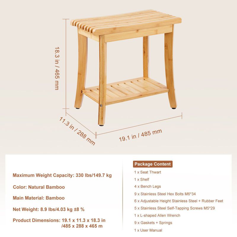 Wicker Shower Bench with Storage Shelf, Waterproof Bath Stool Chair for Adults image number 2