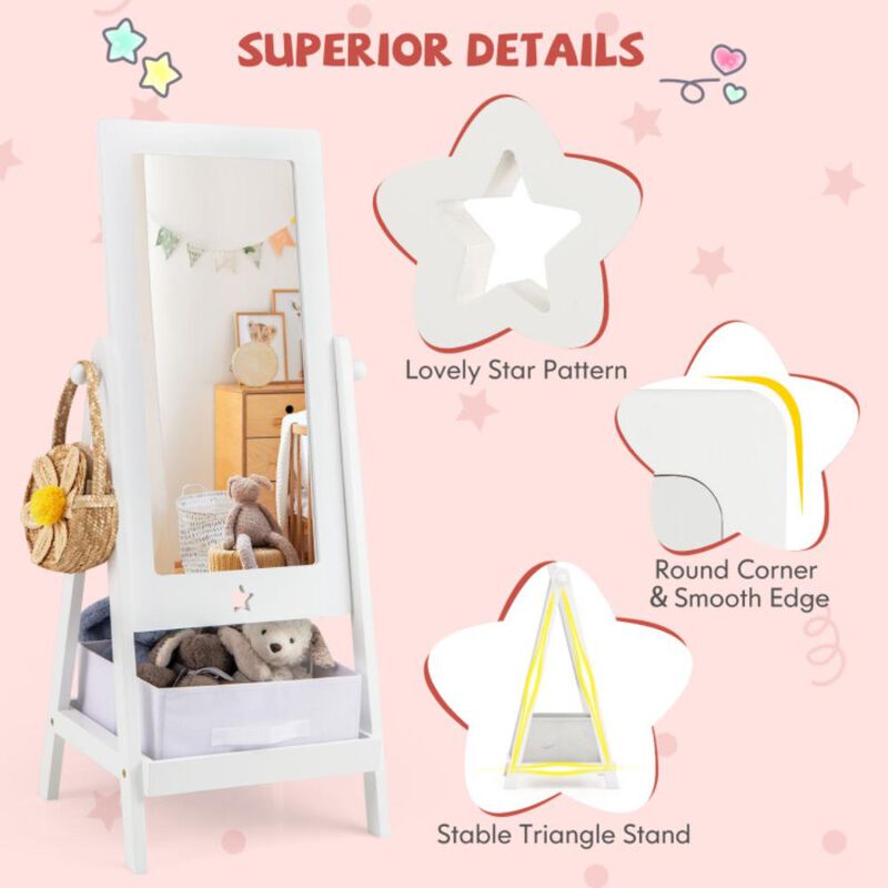 Hivvago Kids Full Length Wooden Standing Mirror with Bottom Shelf and Foldable Storage Bin