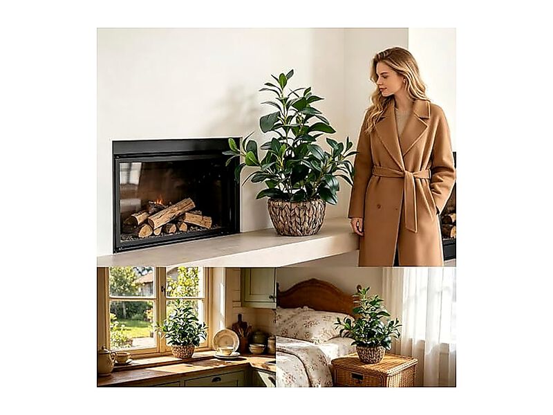 19 Inch Artificial Ficus Plant Indoor Faux Greenery Potted In Rattan Woven Decor image number 3