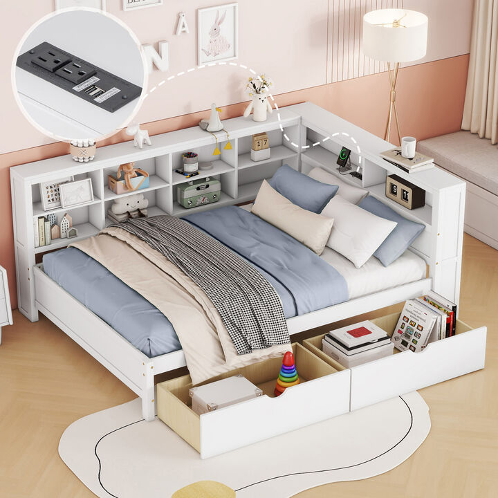 Merax White Wooden Daybed with Double-Tier Storage Shelf