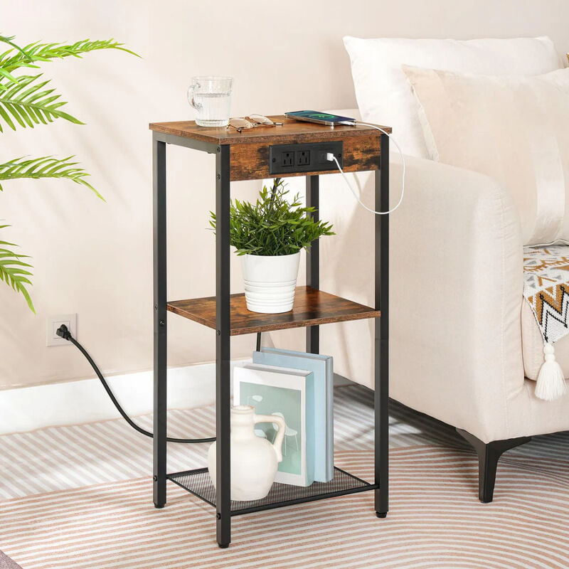 Tall Side Table with Charging Station, 3 Tier End Table with Storage Shelves image number 3