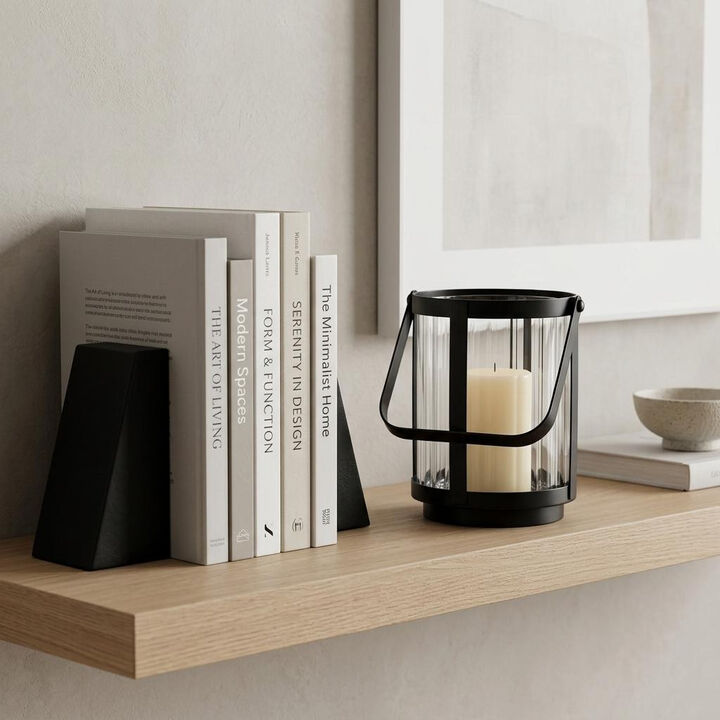 HomeRoots 5" Clear And Black Glass And Metal Tabletop Lantern Candle Holder