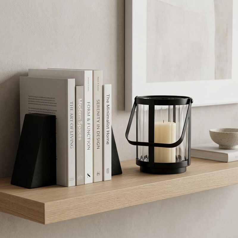 HomeRoots 5" Clear And Black Glass And Metal Tabletop Lantern Candle Holder image number 1