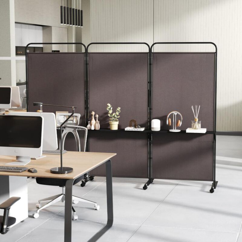 Hivvago 3-Panel Folding Room Divider with 3 Metal Shelves and Lockable Wheels