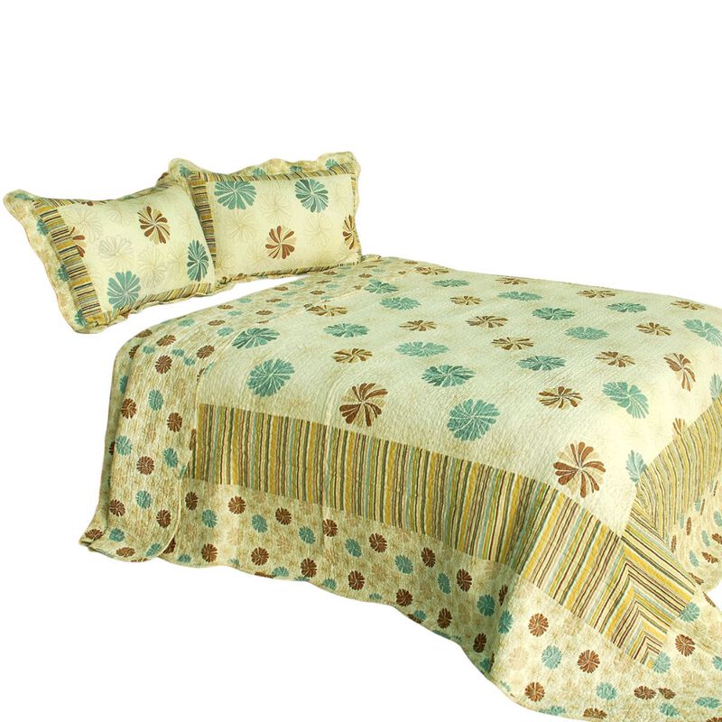 Queen Size Cotton 3-Piece Quilted Printed Quilt Set with Matching Pillow Shams image number 1