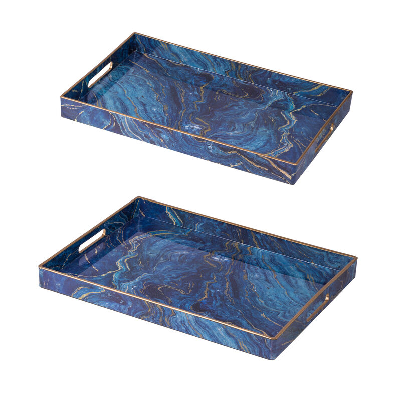 19, 18 Inch Set of 2 Modern Decorative Trays, Blue Pattern with Gold Rim-Benzara image number 1