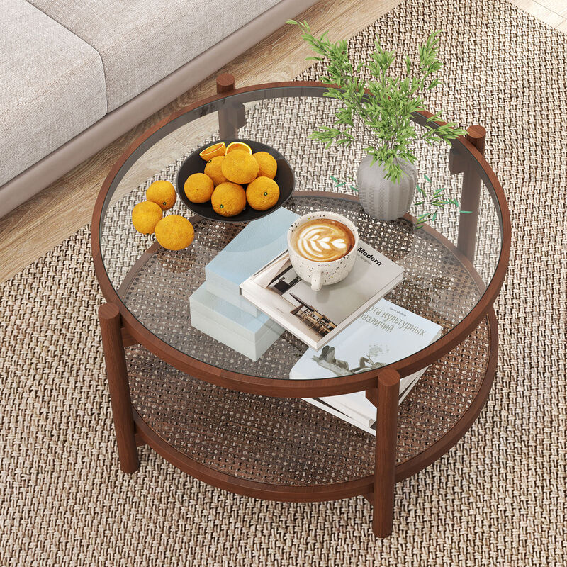 Elegant 2-Tier Round Coffee Table with Glass Surface and Open Storage