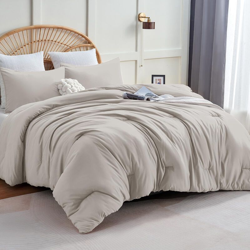 CozyLux Beige Comforter Set Queen Size, 3 Pieces Boho Solid Breathable Quilted Style Bedding Sets, Luxury Fluffy Soft Microfiber