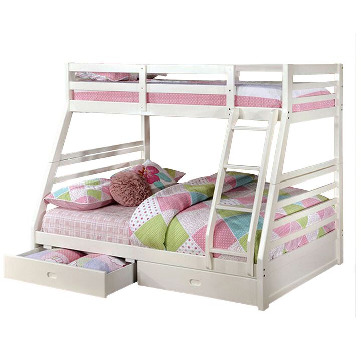 Twin Over Full Wooden Bunk Bed with Storage, White-Benzara