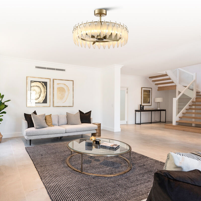 32.3" Modern Antique Silver Leaf-shaped Textured Glass Dimmable Reversible Caged Ceiling Fan with Light and Remote