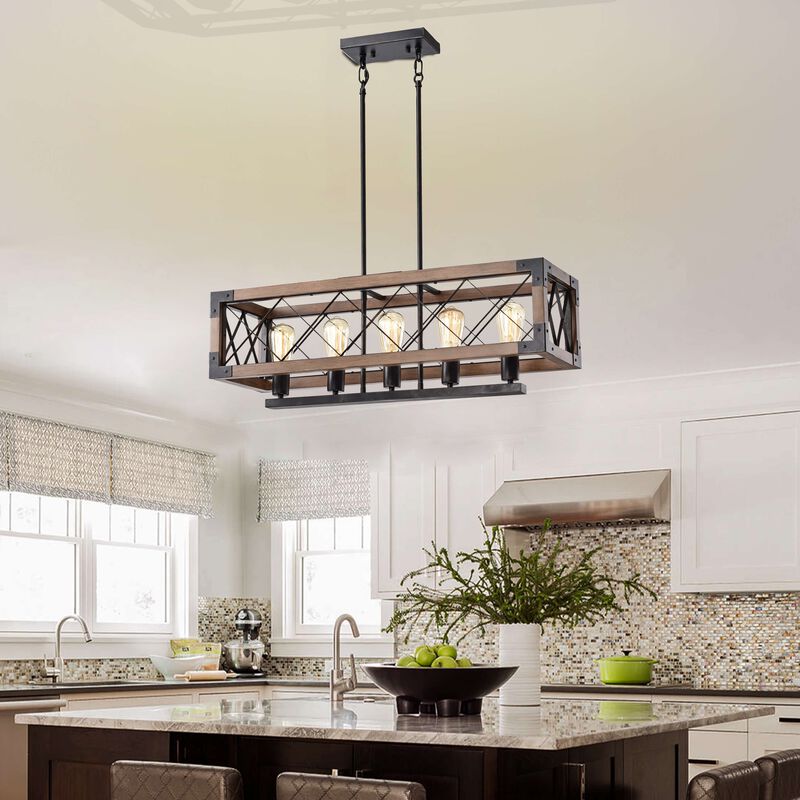 Adela Antique Black 5-light Rectangular Metal and Natural Wood Chandelier image number 3