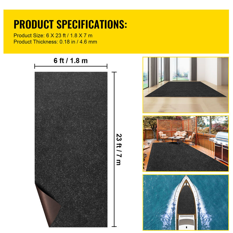 VEVOR Bass Boat Carpet Cutpile Marine Carpet 6 x 23 ft Charcoal Black In/Outdoor image number 6