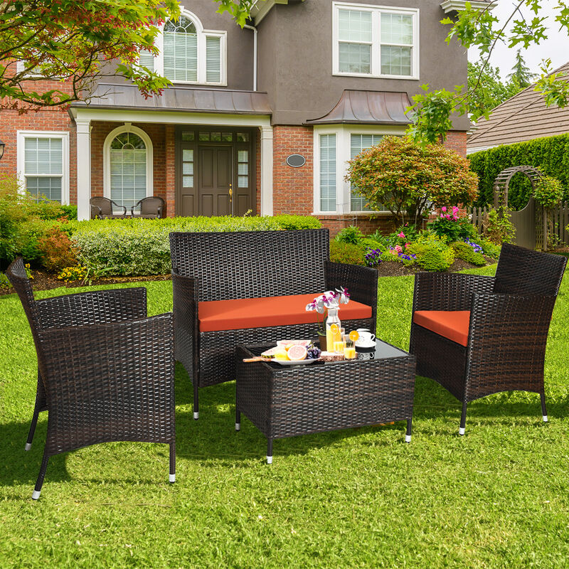 4 Pieces Comfortable Outdoor Rattan Sofa Set with Glass Coffee Table