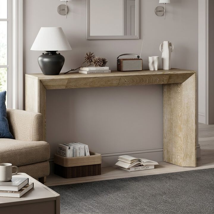 Whisen 60" Modern Farmhouse Console Table with 2 Concealed Drawers, MDF Solid Wood Veneer, Waterfall Edge for Living Room Entryway Hallway