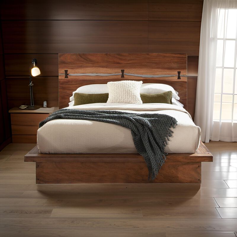 Zeko King Size Platform Plinth Bed with Natural Edge, Walnut Brown Wood - Benzara