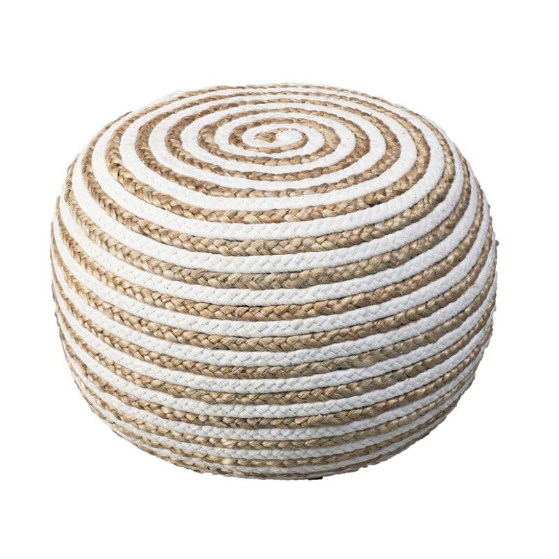 Hivvago 20 Inch White Cotton Blend Round Striped Pouf Ottoman