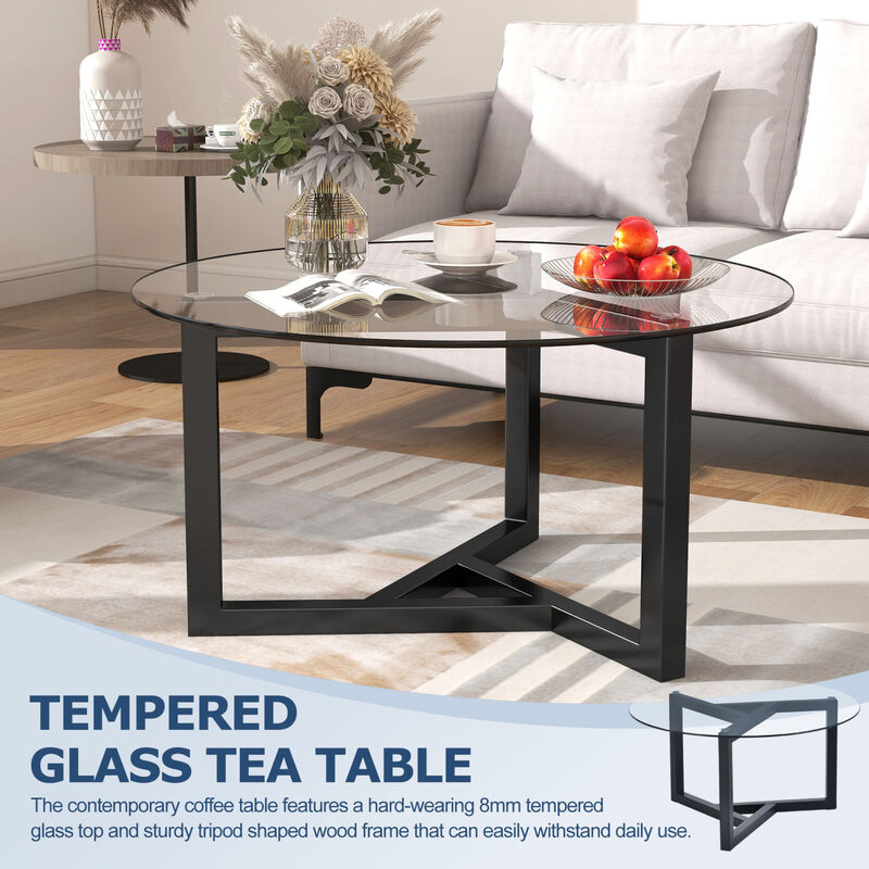 Round Glass Coffee Table Modern Cocktail Table Easy Assembly with Tempered Glass Top & Sturdy Wood Base