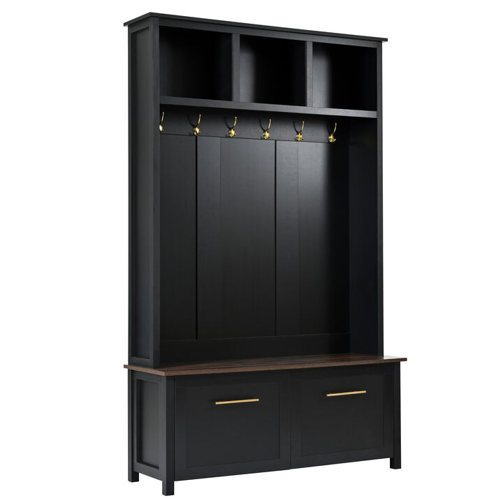 Whisen Farmhouse 4-in-1 Hall Tree with Bench, 6 Hooks, 2 Drawers, Multiple Storage for Hallway, Mudroom