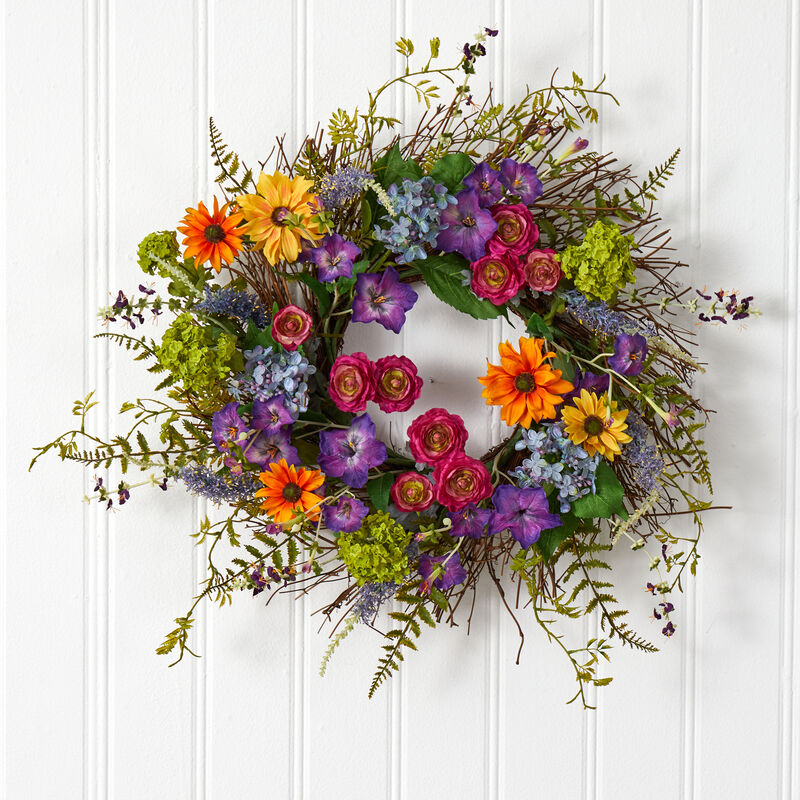 Nearly Natural 24-in Spring Garden Wreath w/Twig Base