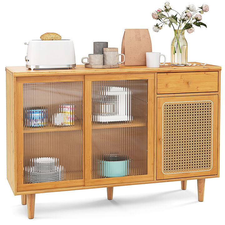 Modern Bamboo Buffet Sideboard Cabinet with Tempered Glass Sliding Doors-Natural