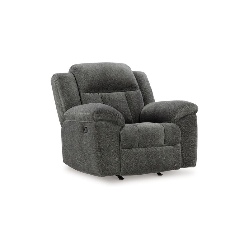 Briar Manual Rocker Recliner Chair, Dark Gray Polyester, Pillow Arms - Benzara