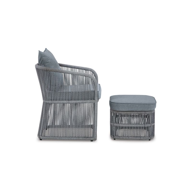 3 Piece Outdoor Chair, Ottoman, Side Table Set, Rope, Steel Frame, Gray - Benzara