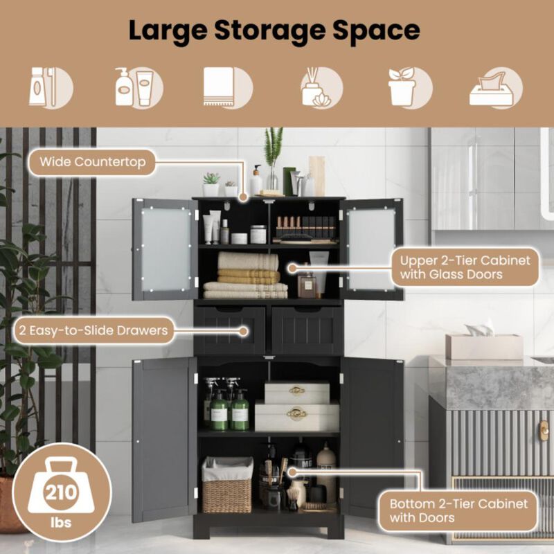 Hivvago 4 Door Freestanding Bathroom Floor Storage Cabinet with 2 Drawers and Glass Doors