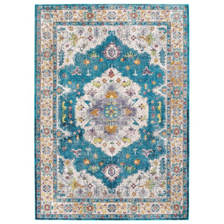 Modway Success Anisah Distressed Floral Vintage 8x10 Area Rug in Blue, Ivory, Yellow, Orange
