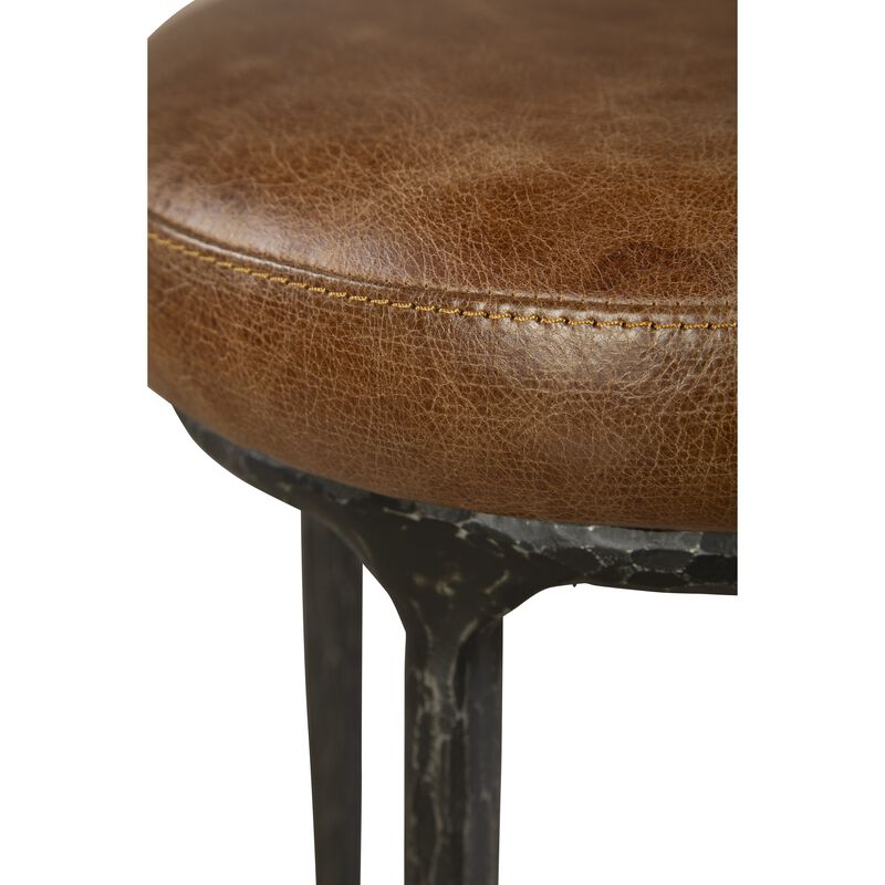 Mey Counter Stool, Brown Leather Round Seat, Black Forged Iron Base - Benzara