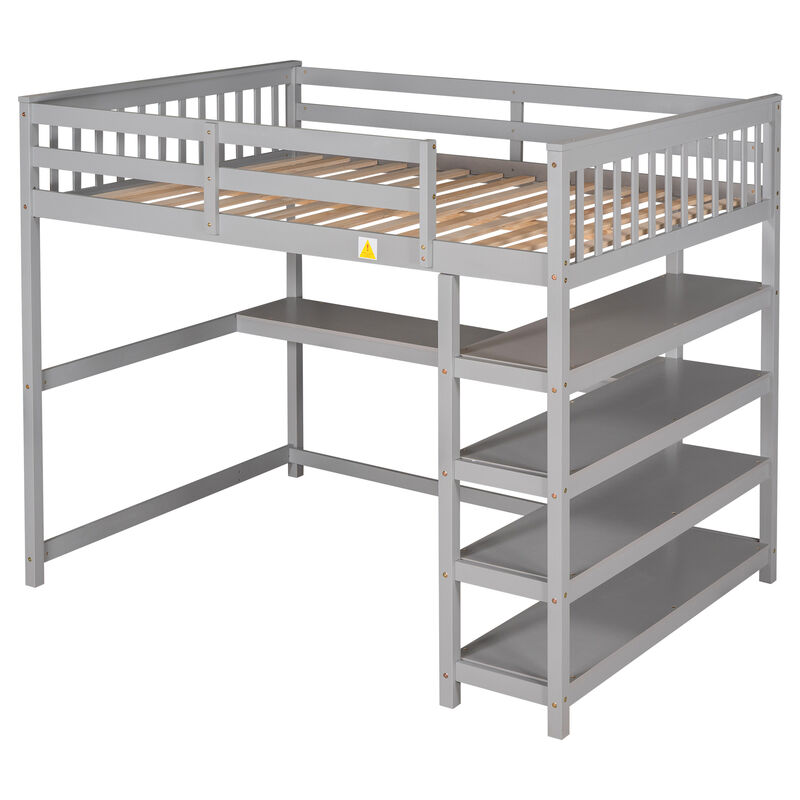 Merax Full Size Loft Bed with Storage Shelves and Under-bed Desk