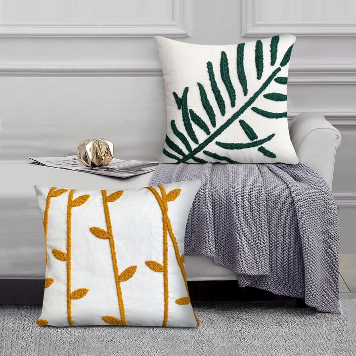 17 x 17 Inch Square Cotton Accent Throw Pillows, Leaf Embroidery, Set of 2, White, Green, Yellow-Benzara