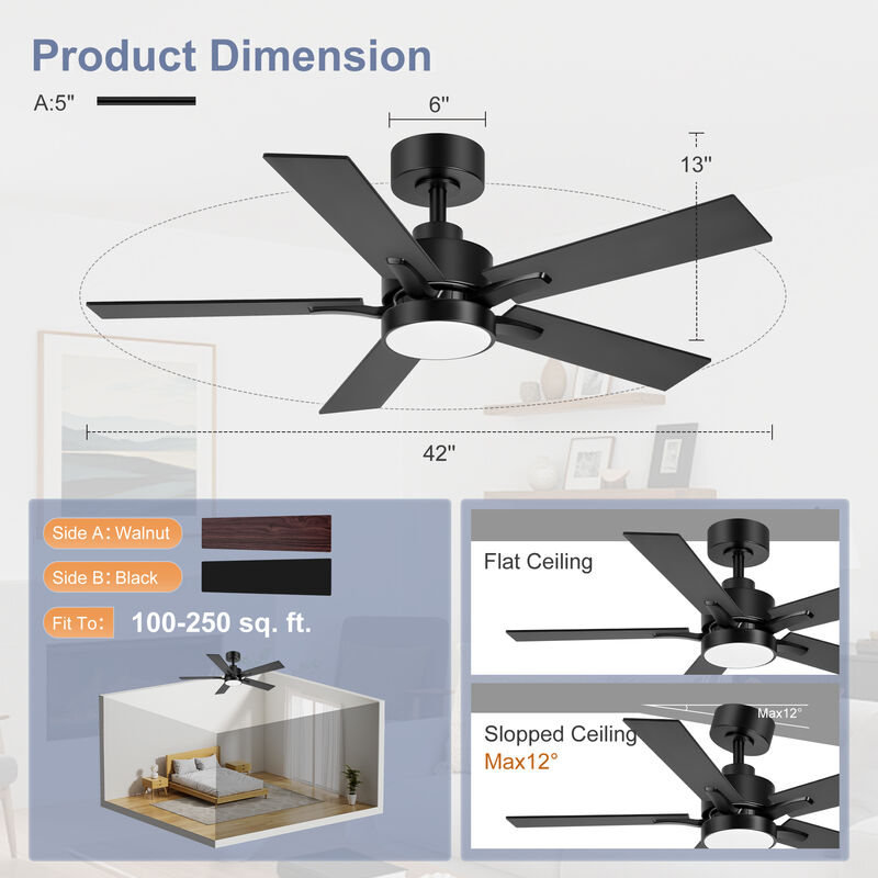 Breezary 42" LED Ceiling Fan with Light , Modern Indoor Fan, 5 Blade, Remote Control, 6 Speed image number 5