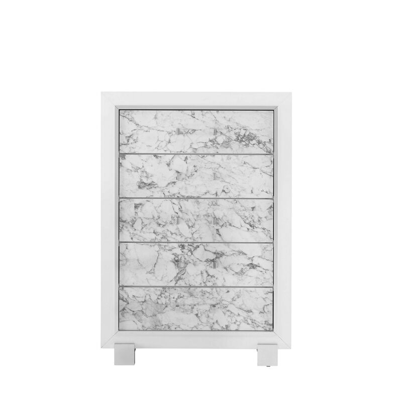 Modern Chest with 5 Drawers Featuring Faux Marble Detailed Front Design