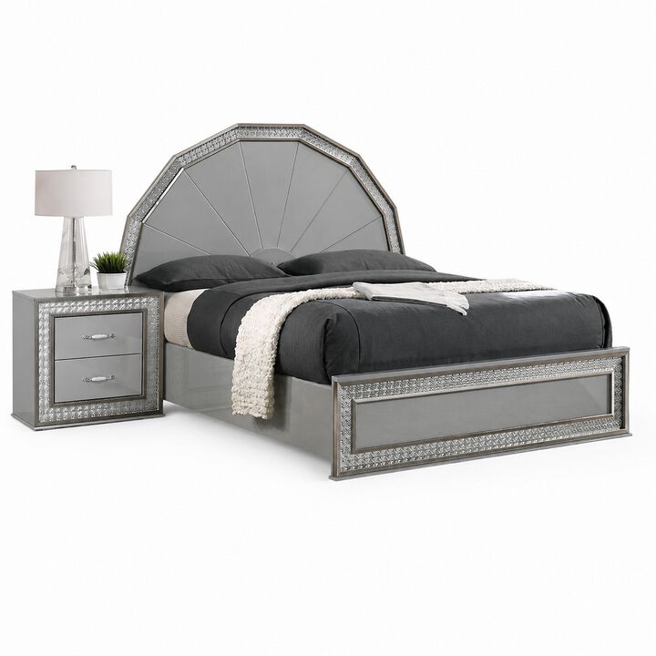 Queen Bedroom Set, Metallic Gray, Silver Wood, 2 Piece Set with Nightstand