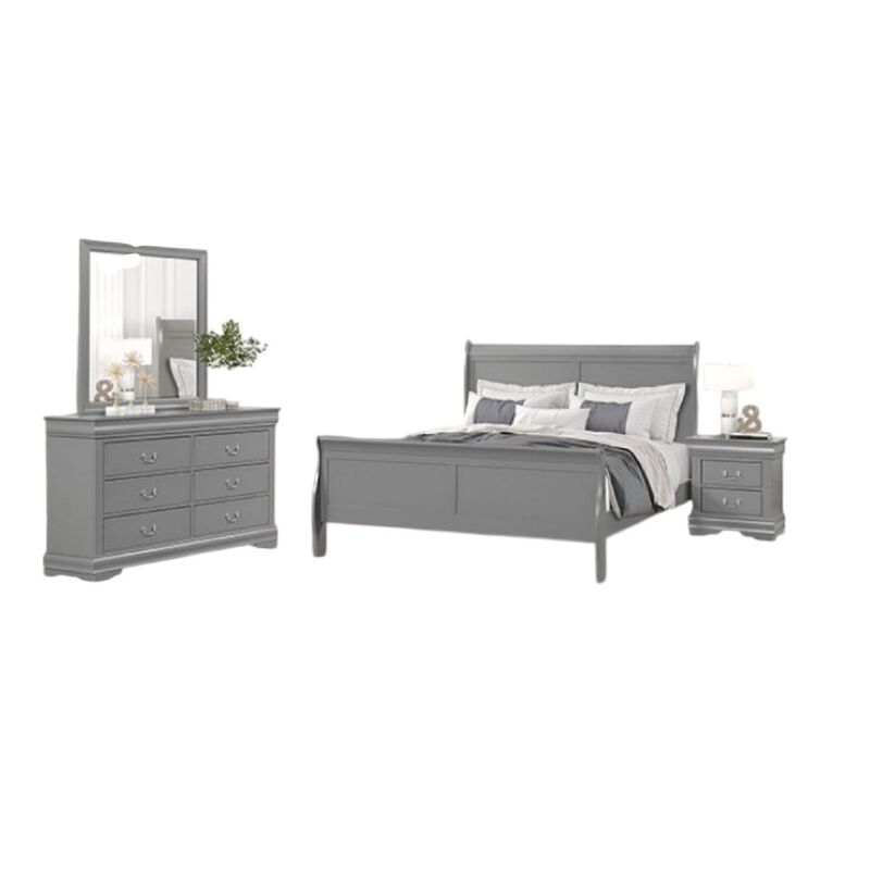 Ryla 4pc Queen Bedroom Set with Nightstand Dresser and Mirror, Neutral Gray