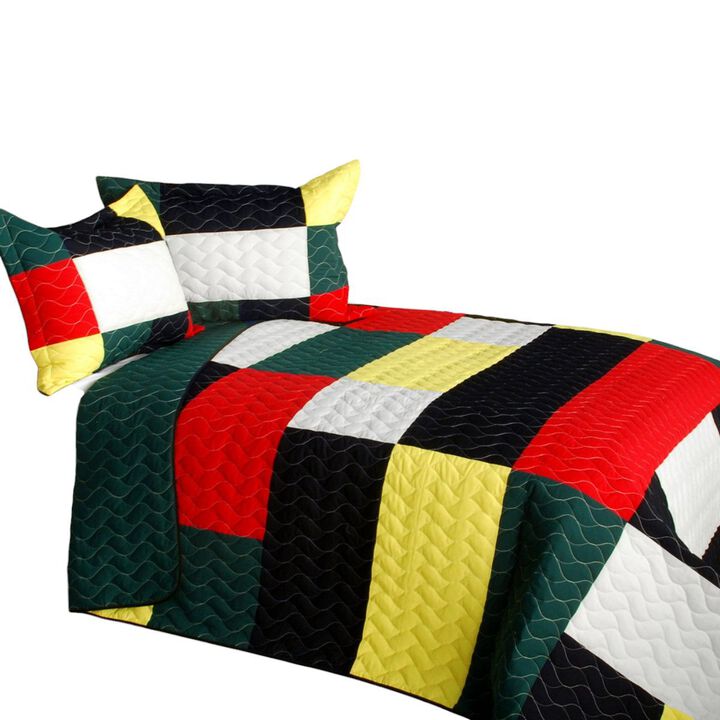 Soft Patchwork Striped Quilt 3 Piece Set with Vermicelli Quilted Design Bedding-Multi Color