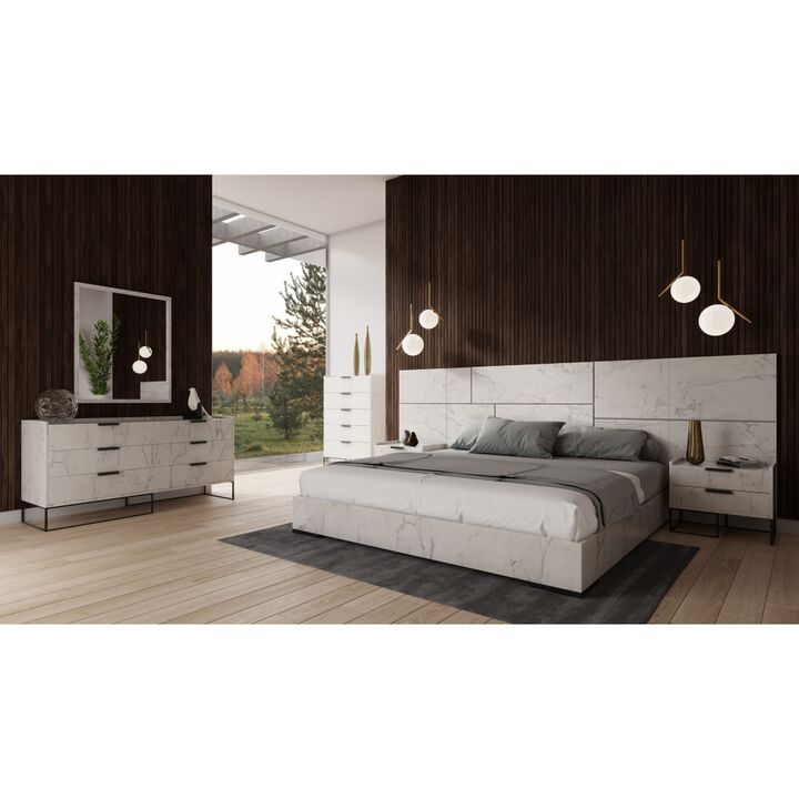 Noe 3pc Queen Size Bedroom Set, White Faux Marble Finish, Wall Panel Design - Benzara