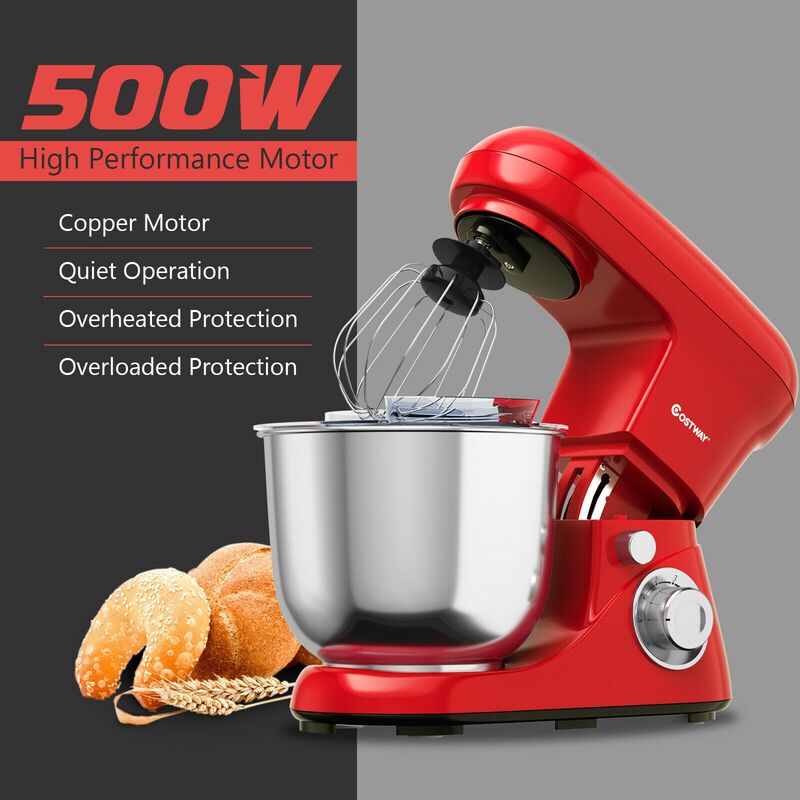 5.3 Qt Stand Kitchen Food Mixer 6 Speed with Dough Hook Beater-Red