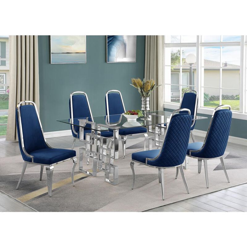 7-piece glam dining set with  6 Navy blue chairs and one 79" glass dining table