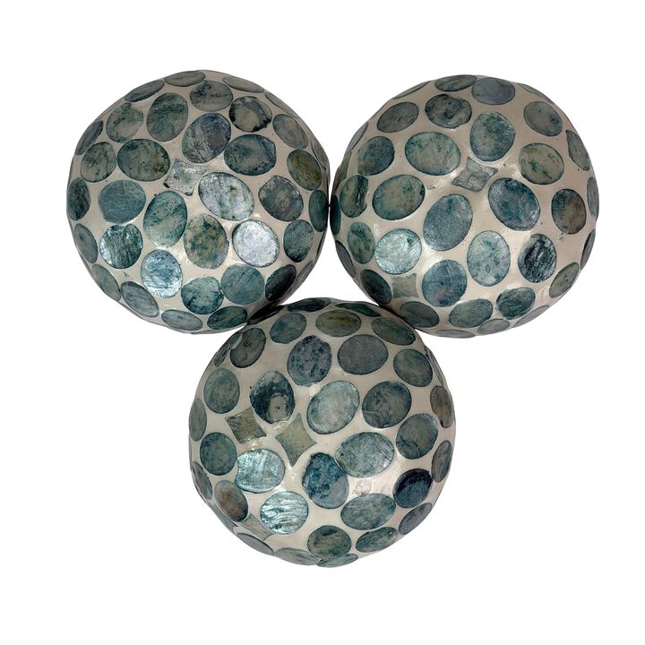 Sea Blue Capiz Shell 4 Inch Decorative Orbs Set Of 3 Coastal Balls