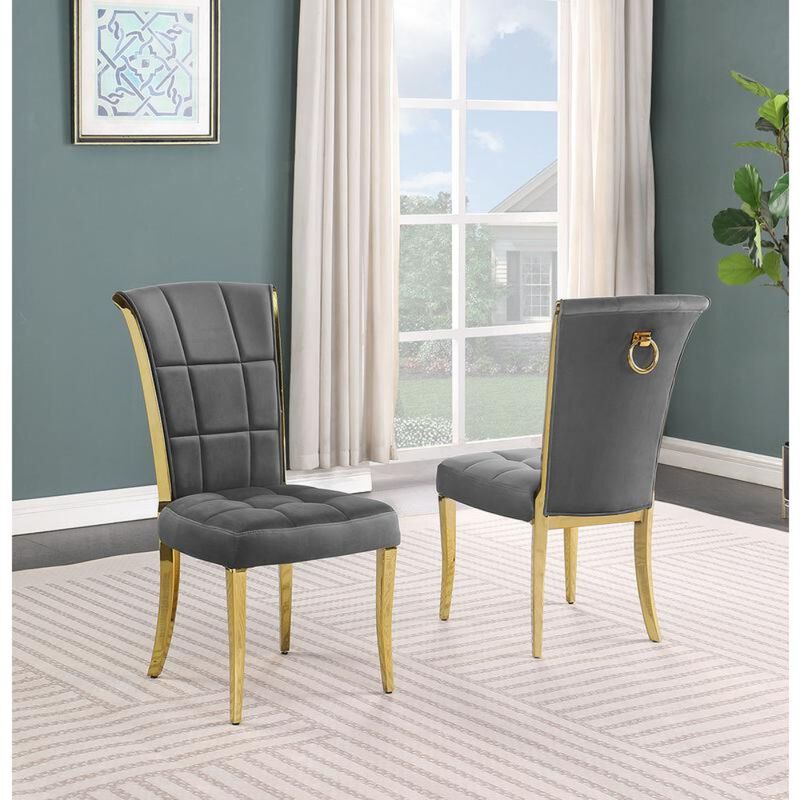 Best Quality Furniture Dark Grey Velvet Side Chairs With Gold Color Base (Set Of 2)