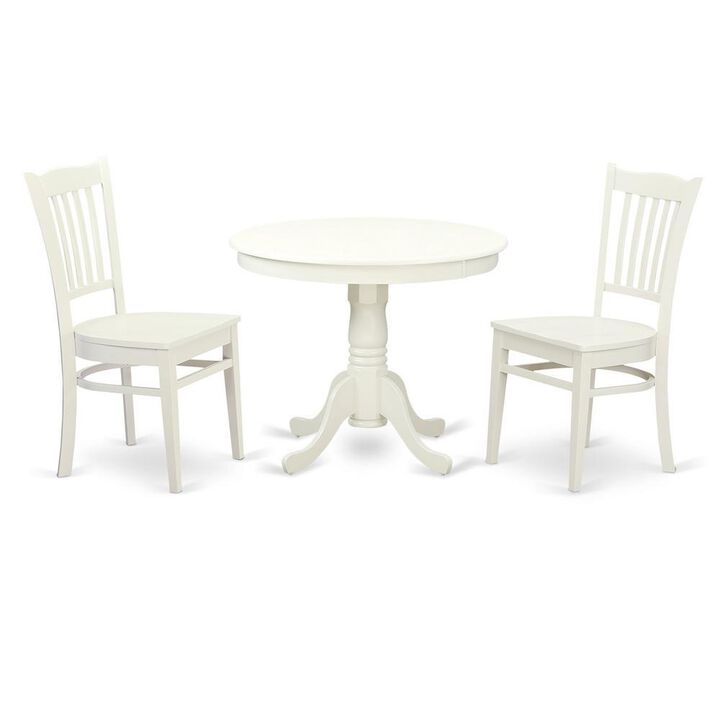 3 Pc set with a Table and 2 Wood Dinette Chairs in Linen White.