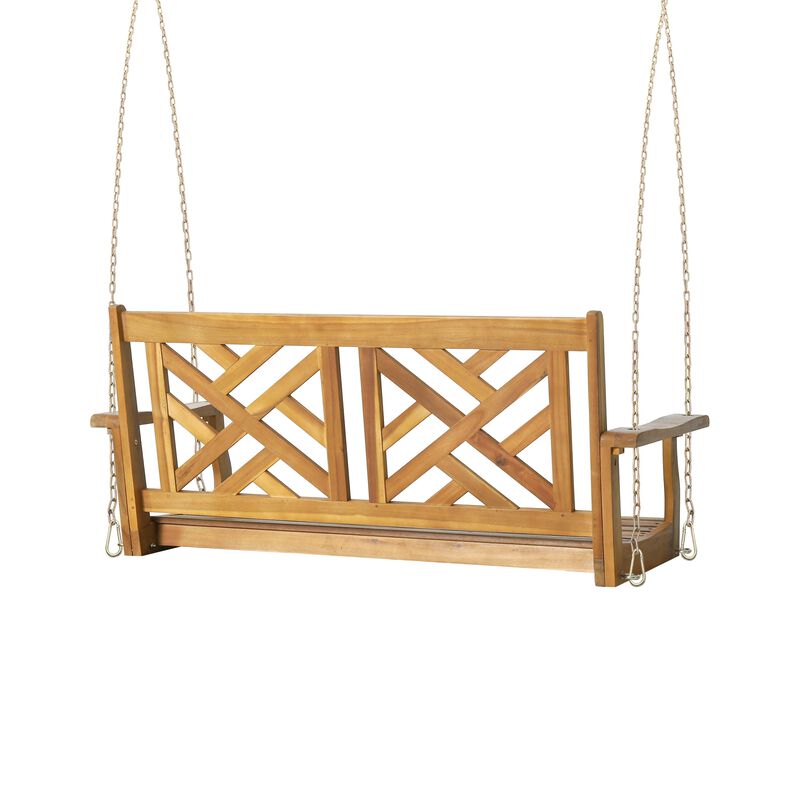 Annah Porch Swing Bench w Chains, Herringbone Teak Brown Acacia Wood