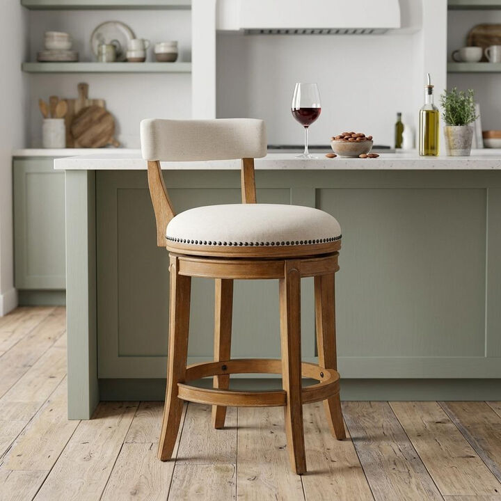 HomeRoots Linen and Brown Fabric and Solid Wood Low Back Counter Height Swivel Bar Chair
