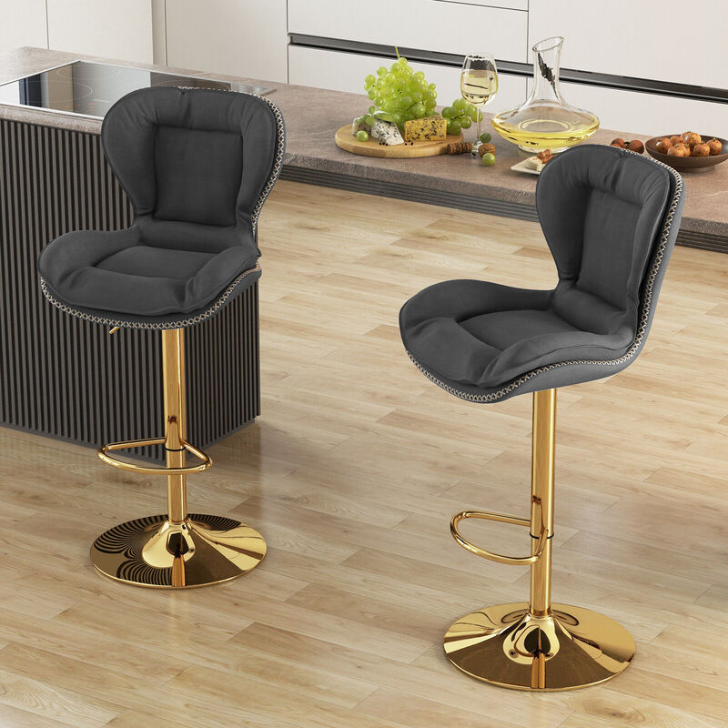 Set of 2 Swivel Bar Stools PU Leather Bar Chairs with Footrest and Curved Backrest-Grey