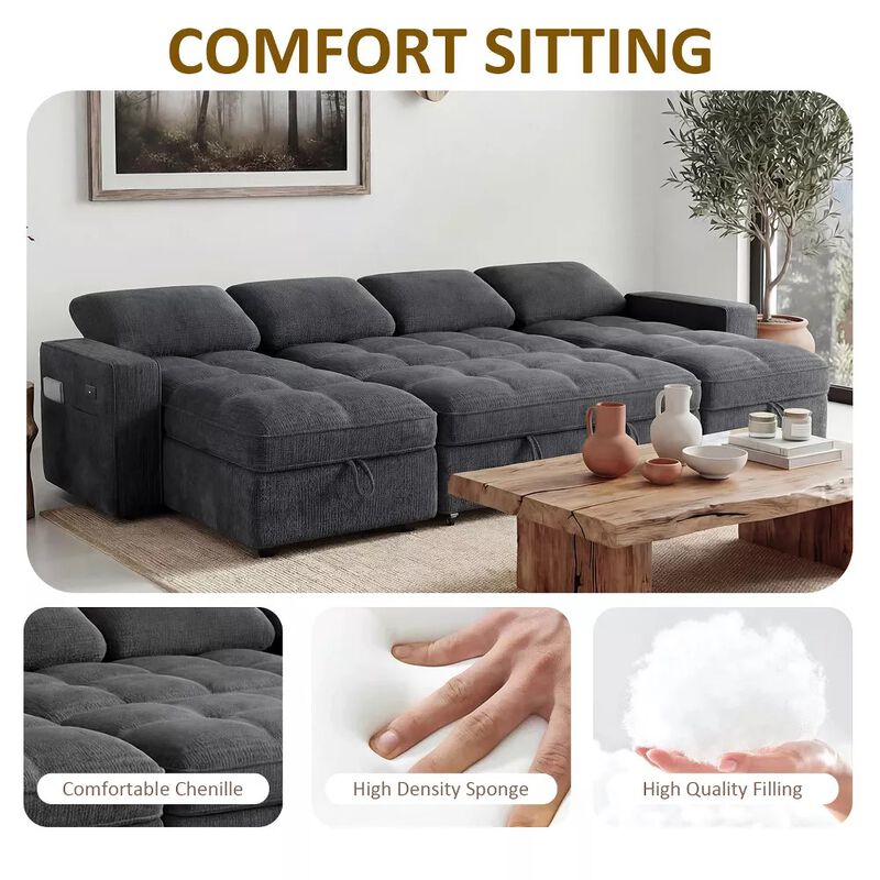 105" U-Shaped Sleeper Sofa Bed, Chenille Pull Out Couch with Reversible Storage Chaise, 5-Position image number 4