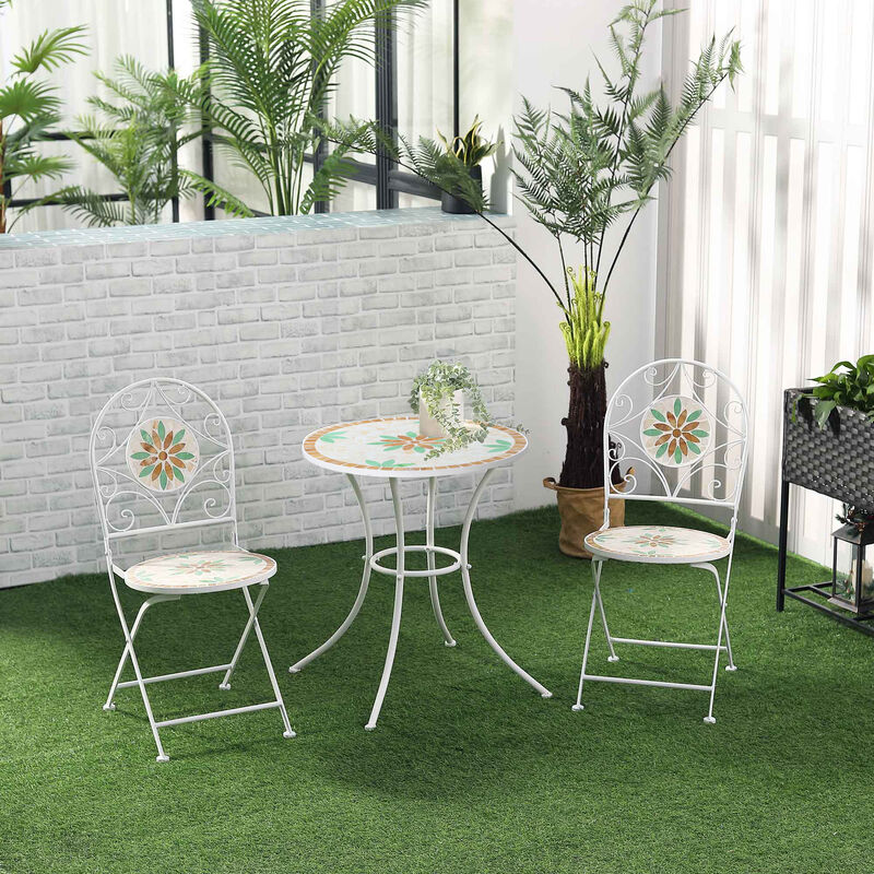 3pc Outdoor Patio Dining Set, Folding Chair 2, Table, Spring Flower Stone Mosaic