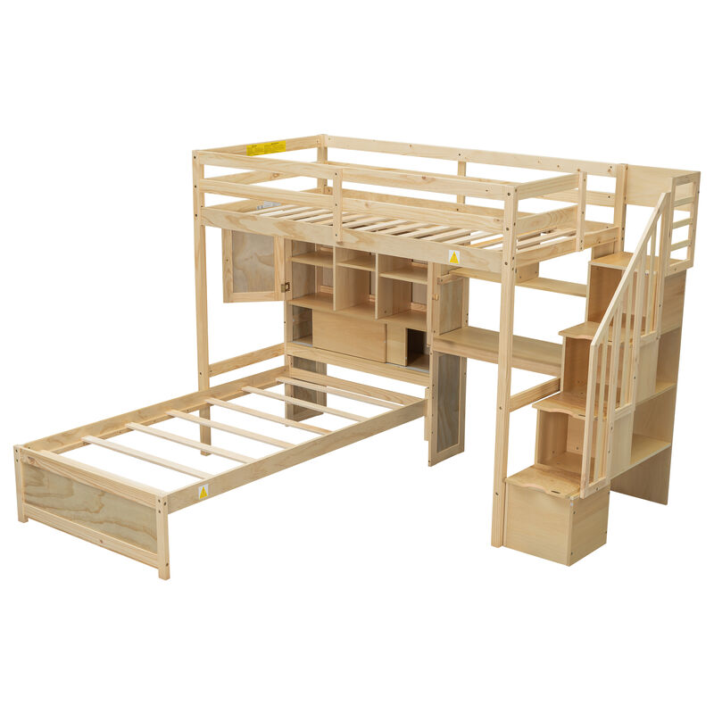 Whisen Twin over Twin Loft Bed with Desk & Staircase, Pine, for Bedroom image number 3