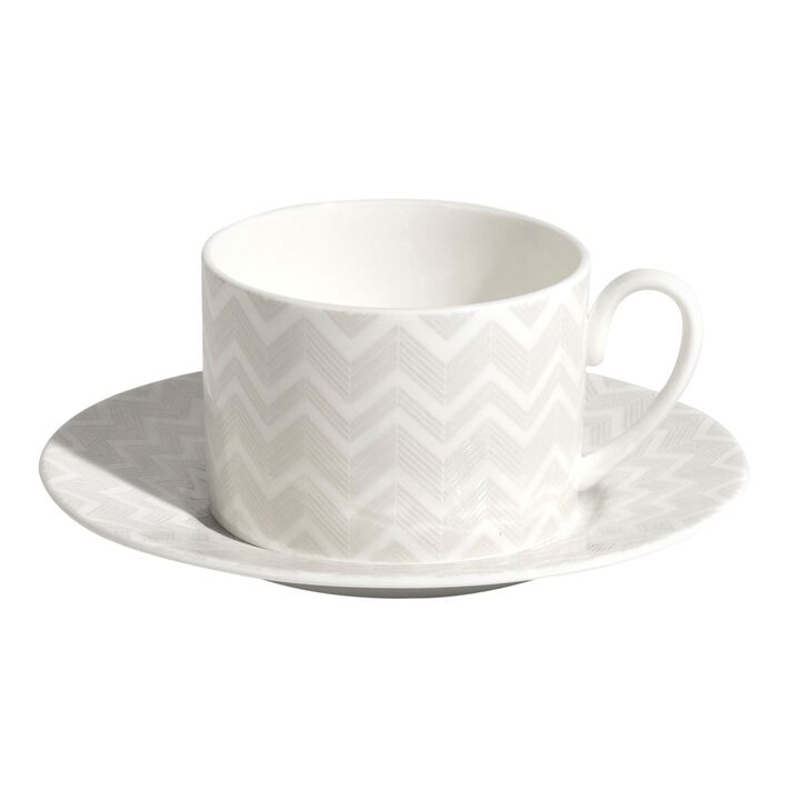 Tea Cup & Saucer ZIG ZAG WHITE Set of 6, cup diam. 3.35", H 2.36", saucer diam. 6.1"